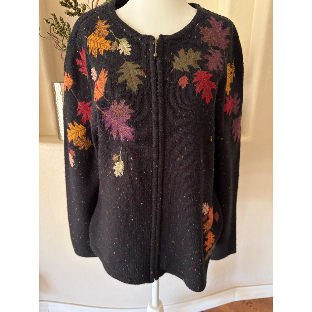 Croft & Barrow Cardigan Sweater Womens M Black Embroidered Fall Leaves Multi Zip